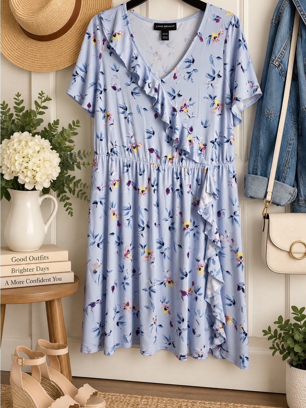 Lane Bryant Light Blue Floral Ruffle Wrap Midi Dress